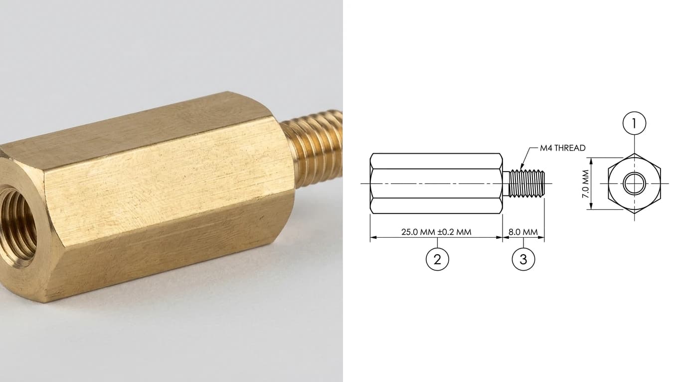 A photo of a brass hexagonal threaded standoff on the left and its ballooned inspection drawing on the right, with balloons 1 to 3 against the 7.0 millimetre across flats, the 25.0 millimetre body length and the 8.0 millimetre stud, and an M4 thread callout
