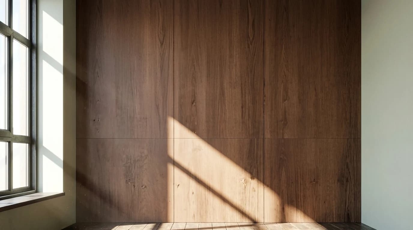 An empty room with bare walls and hard afternoon light from a window falling across the floor