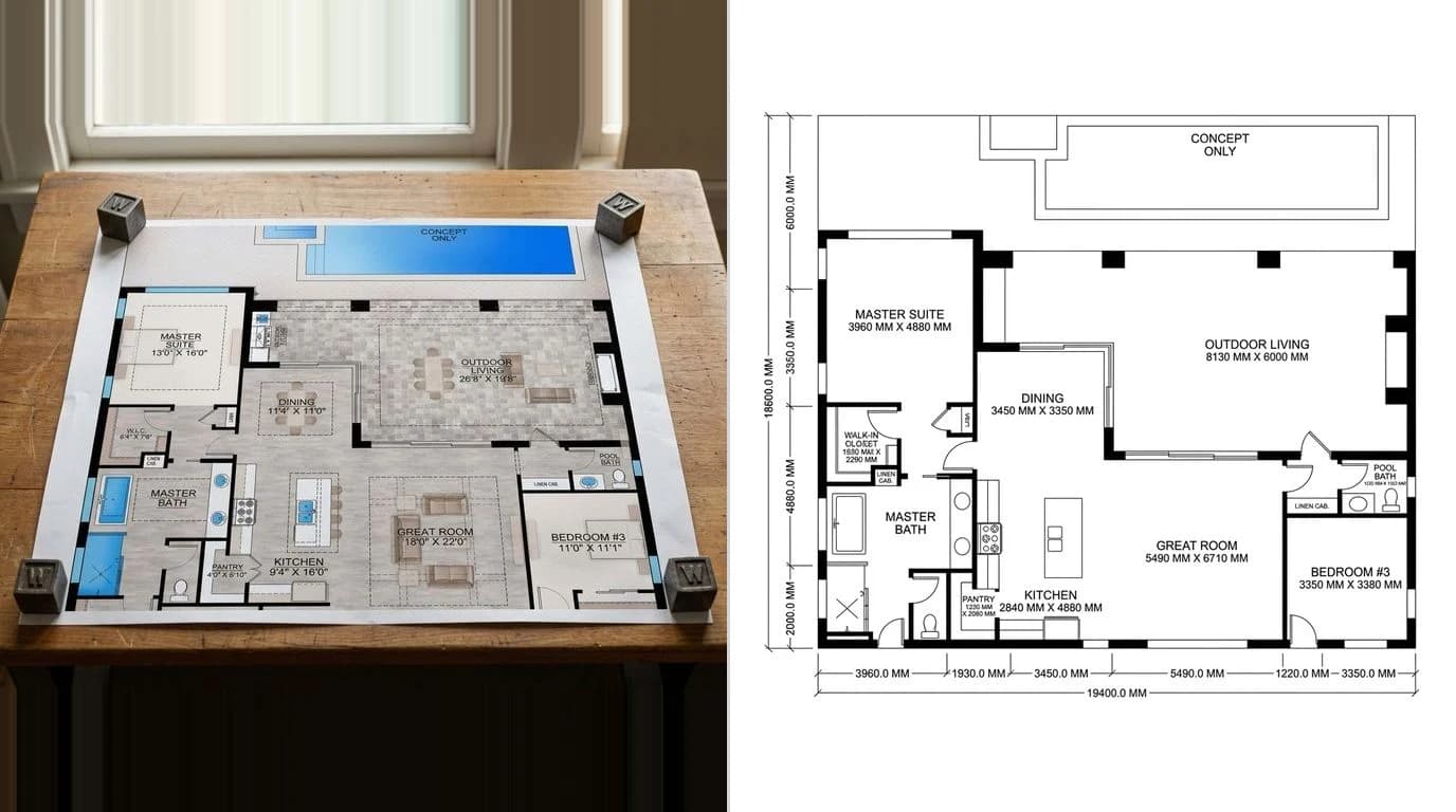 A printed apartment floor plan lying flat on a desk on the left and the same layout redrawn as a clean architectural floor plan on the right