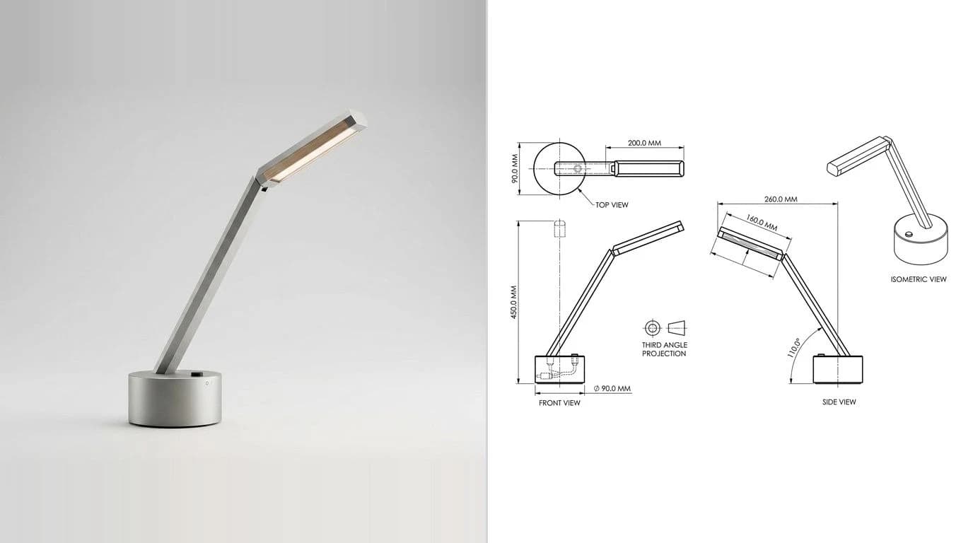 A photo of a minimal desk lamp with a cylindrical base on the left and its dimensioned technical drawing on the right