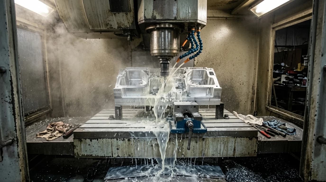 A CNC milling machine cutting an aluminium part in a vice under flooding coolant