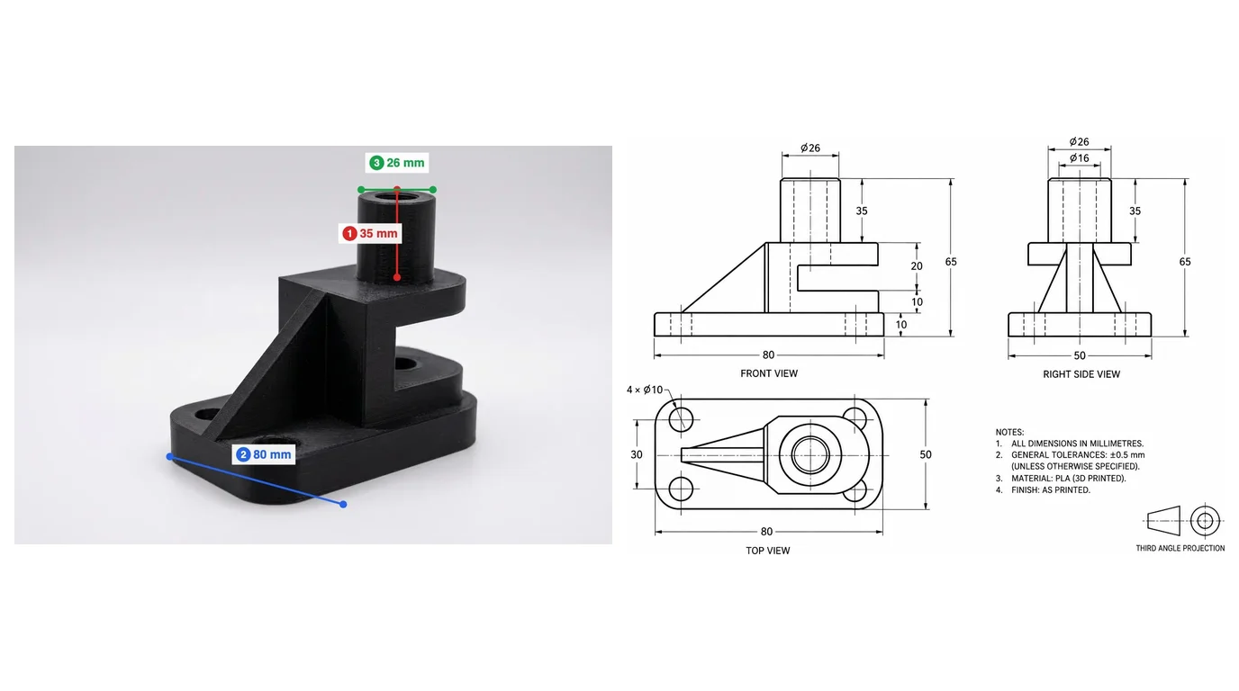 A black 3D printed bracket with a boss, measured 35, 80 and 26 mm, beside the TechDraw AI drawing with front, side and top views