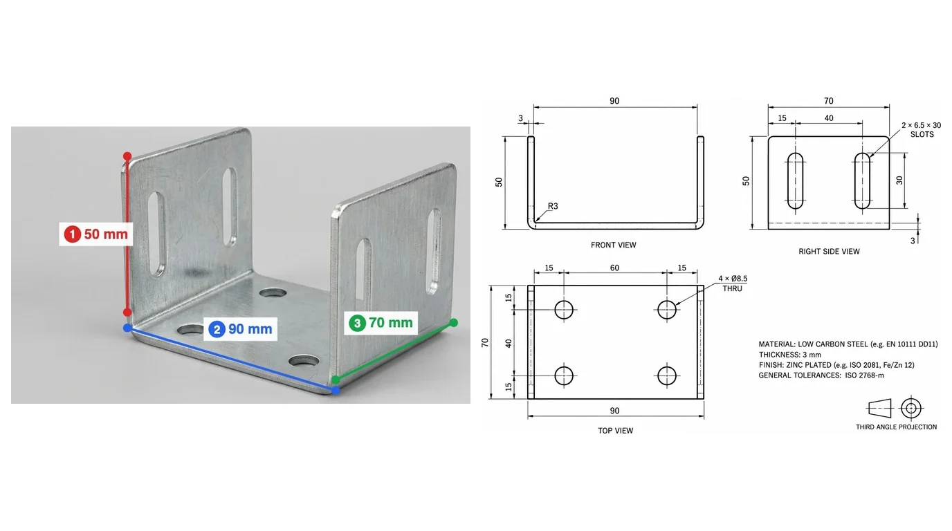 A photo of a zinc plated U bracket with three measured lengths, 50, 90 and 70 mm, next to the dimensioned three view drawing TechDraw AI made from it