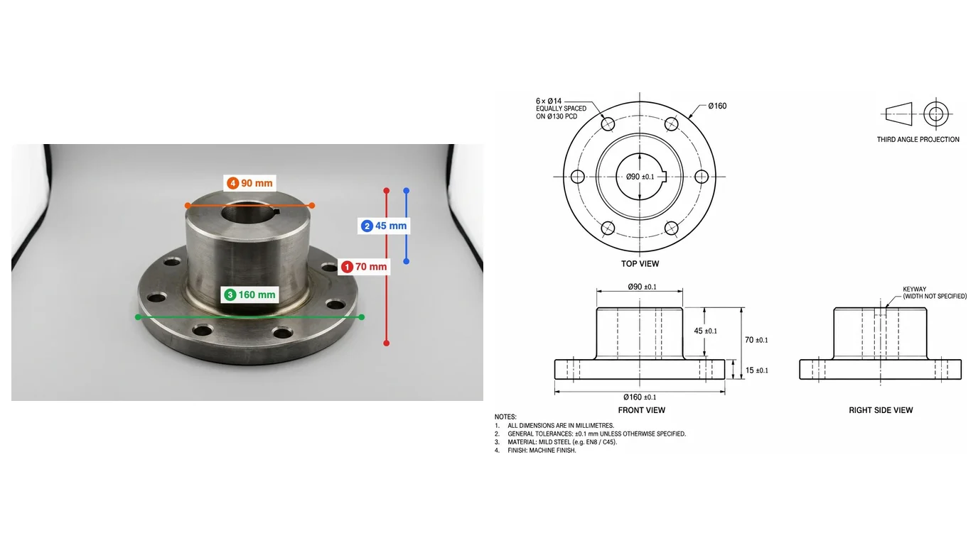 A steel flange hub photo with four measured lengths, 160, 90, 70 and 45 mm, beside the TechDraw AI drawing with front, top and right side views