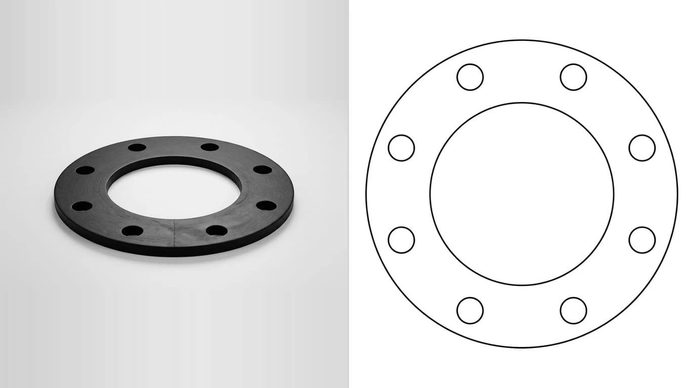 A photo of a flat rubber gasket ring with bolt holes on the left and its closed cutting outline on the right