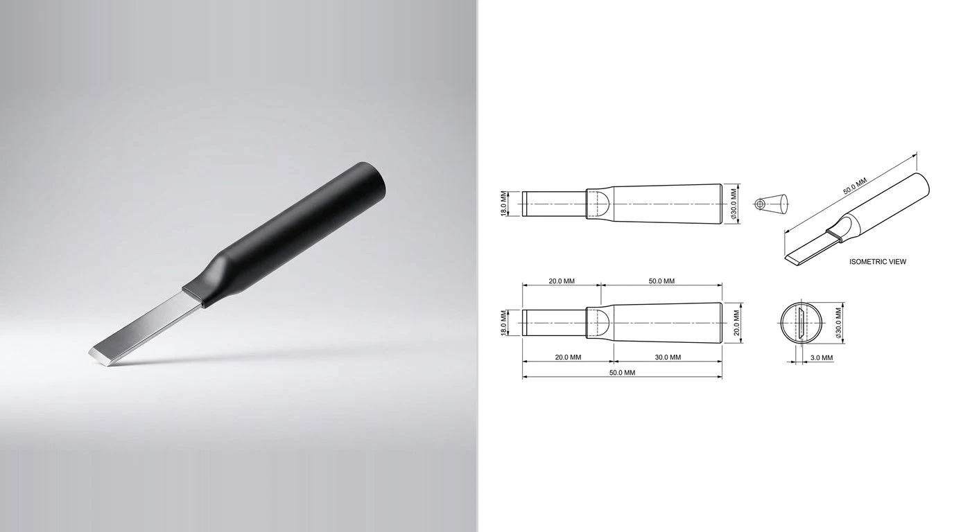 A photo of a moulded plastic hand tool with a straight handle on the left and its dimensioned technical drawing on the right