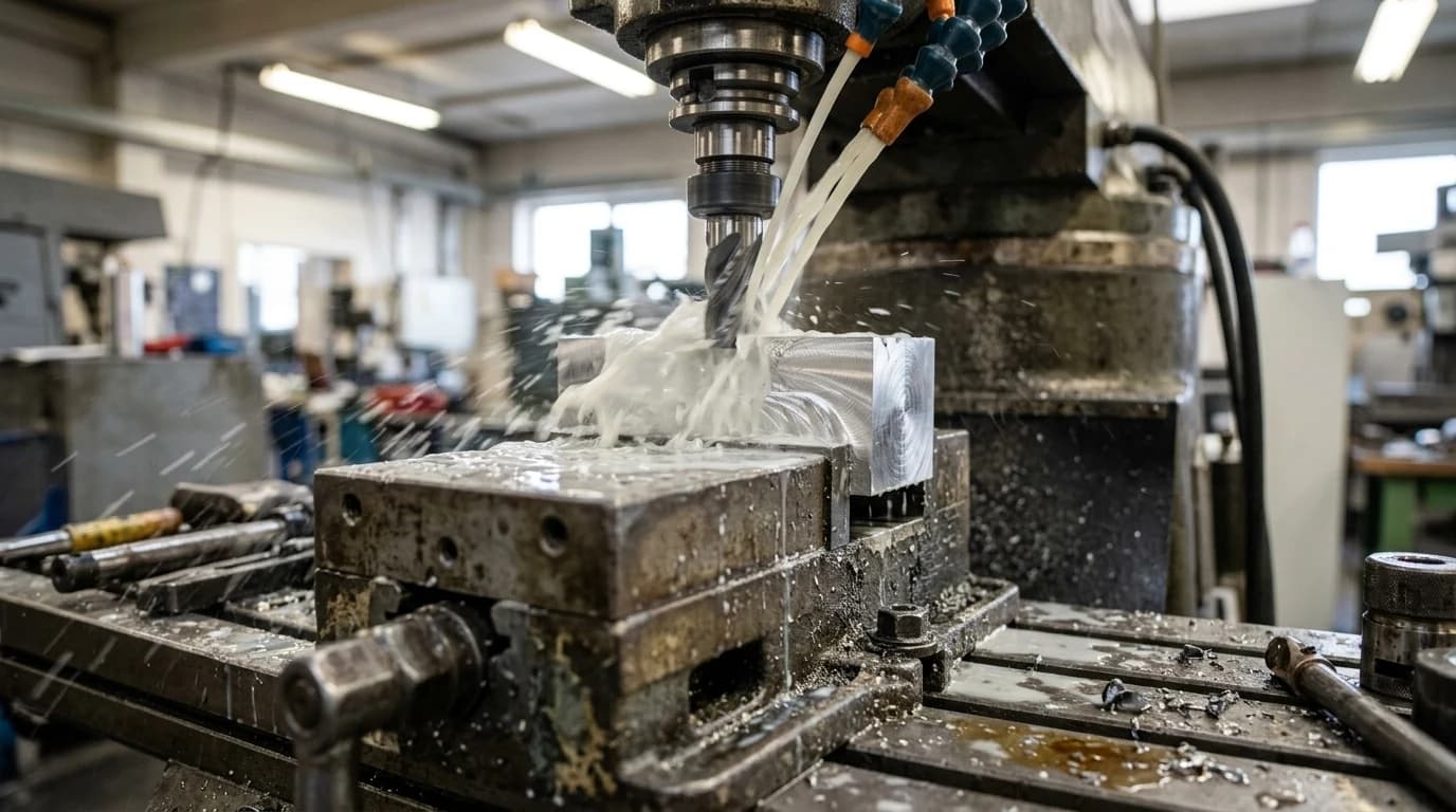 A CNC milling machine cutting an aluminium part in a vice with coolant running over the cutter