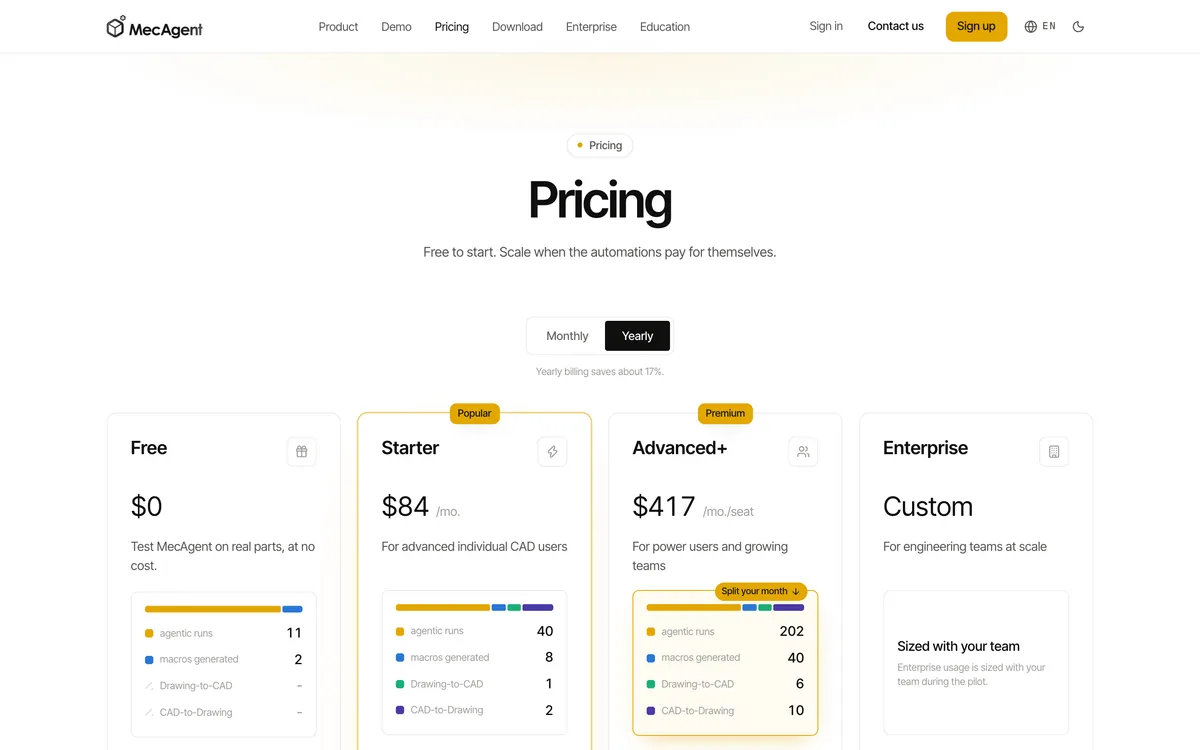 MecAgent pricing page, captured 17 October 2026