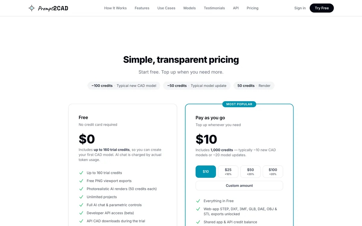 Prompt2CAD pricing section, captured 17 October 2026