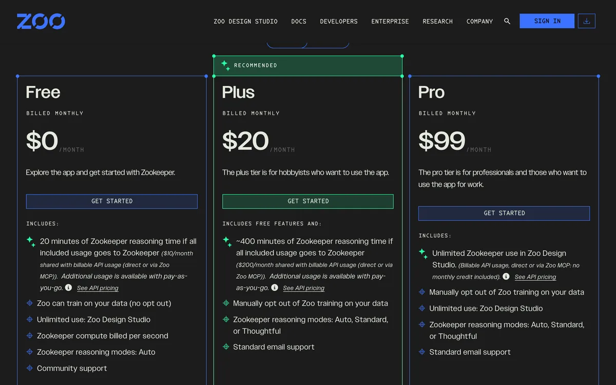 Zoo pricing page, captured 17 October 2026