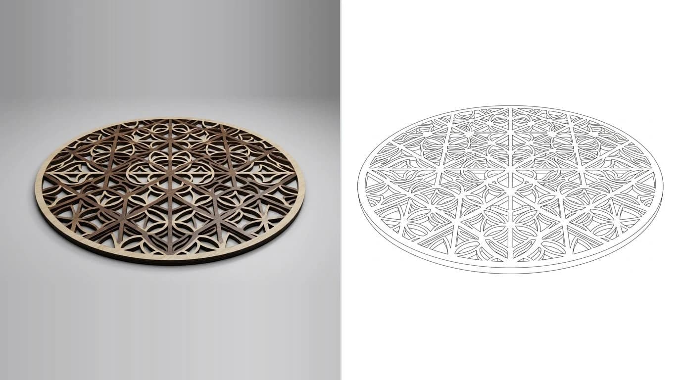 A photo of a flat decorative cut panel with repeating openings on the left and its closed cutting outline on the right