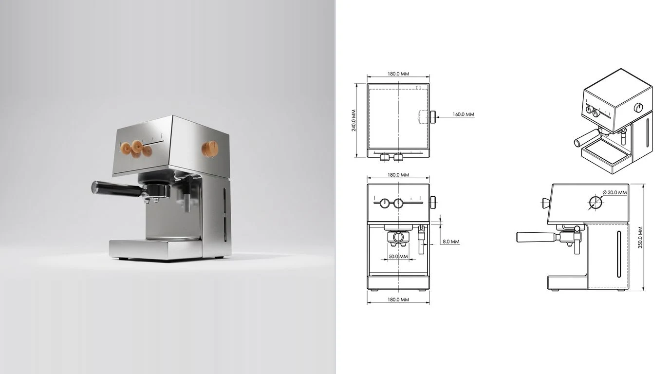 A photo of a compact home espresso machine on the left and its dimensioned technical drawing on the right