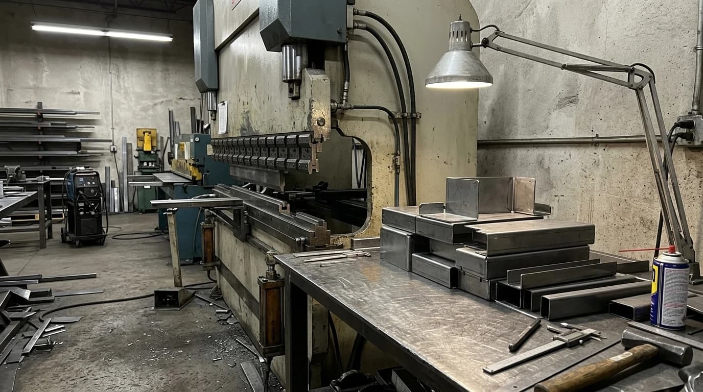 A metal fabrication workshop with a press brake and stacked folded steel parts