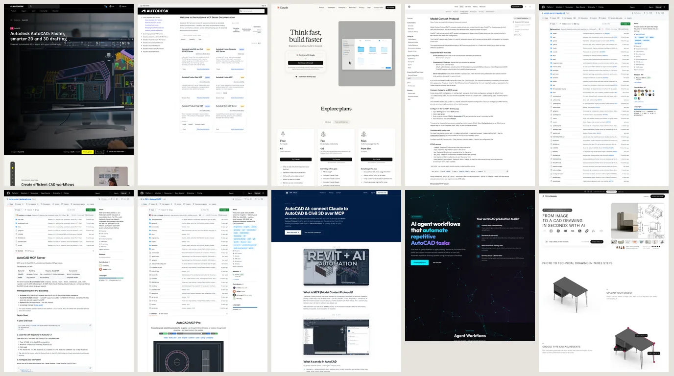 A grid of ten pages: the AutoCAD product page, Autodesk's MCP server list, Claude, OpenAI's MCP docs, Gemini CLI, two AutoCAD MCP servers on GitHub, HMK Tools, AUTOM8LABS and TechDraw AI