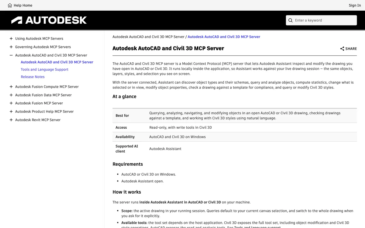 Autodesk's documentation for the AutoCAD and Civil 3D MCP Server, with an At a glance table: access read-only with write tools in Civil 3D, availability AutoCAD and Civil 3D on Windows, supported AI client Autodesk Assistant