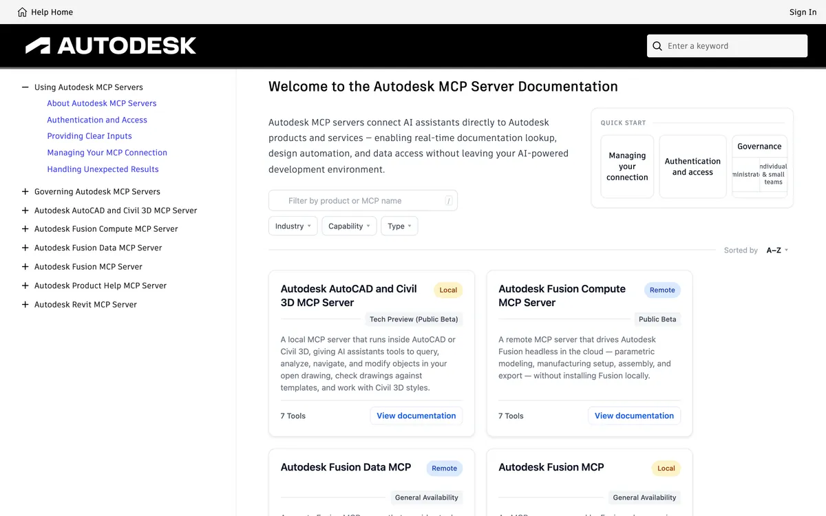 Autodesk's MCP Server Documentation page listing its servers: AutoCAD and Civil 3D MCP Server, local, tech preview; Fusion Compute MCP Server, remote, public beta; Fusion Data MCP and Fusion MCP, general availability