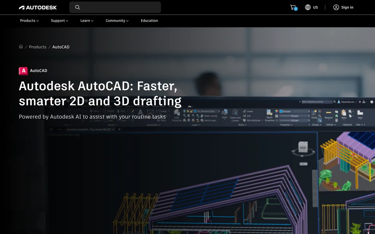 The AutoCAD product page on autodesk.com, headed Autodesk AutoCAD: Faster, smarter 2D and 3D drafting, powered by Autodesk AI to assist with your routine tasks