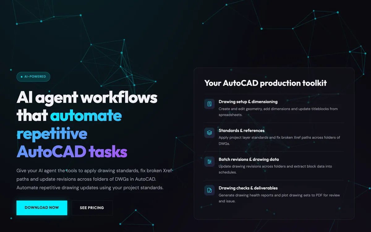 The AUTOM8LABS MCP Connector for AutoCAD page: AI agent workflows that automate repetitive AutoCAD tasks, with drawing setup, standards and references, batch revisions and drawing checks listed