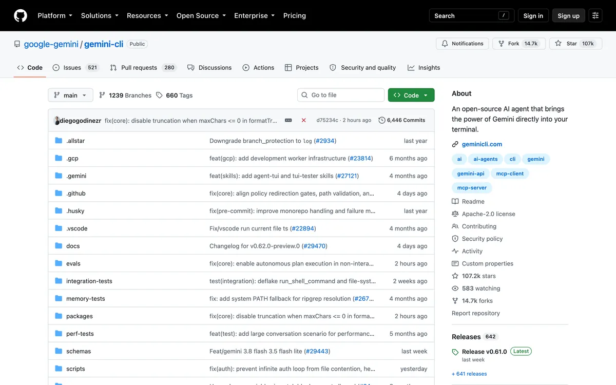 The google-gemini/gemini-cli repository on GitHub, described as an open-source AI agent that brings the power of Gemini into your terminal, Apache-2.0 licence, tagged mcp-client