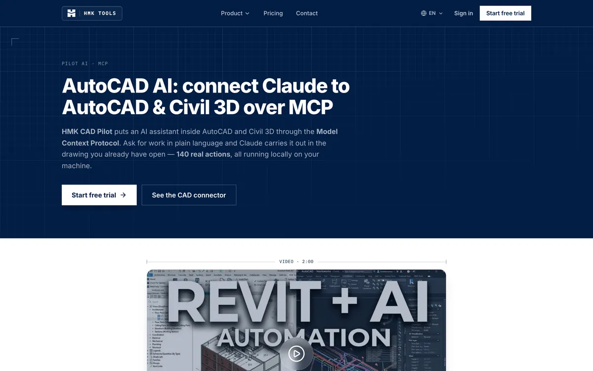 The HMK Tools page for HMK CAD Pilot, headed AutoCAD AI: connect Claude to AutoCAD and Civil 3D over MCP, 140 real actions running locally
