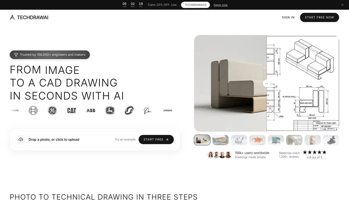 The TechDraw AI homepage: from image to a CAD drawing in seconds with AI, showing a sofa photo beside its dimensioned technical drawing, with a discount banner across the top