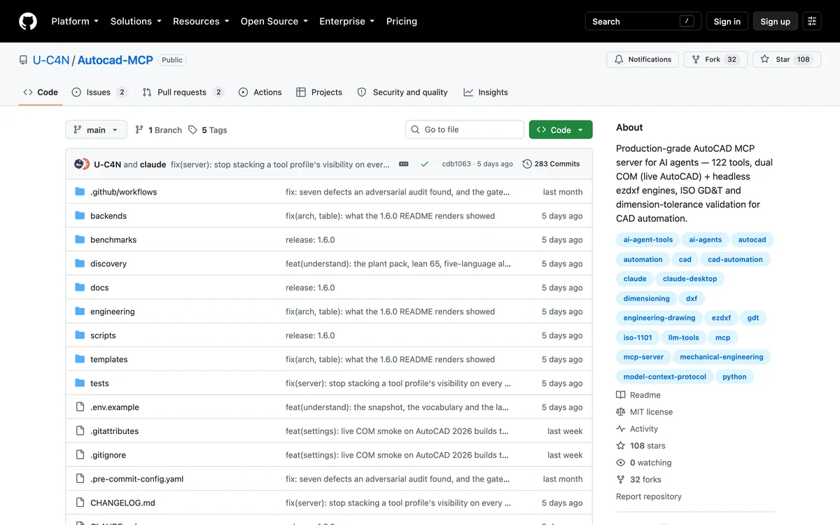 The U-C4N/Autocad-MCP repository on GitHub, described as a production-grade AutoCAD MCP server for AI agents with dual COM and headless ezdxf engines, 108 stars, MIT licence, last commit 5 days ago