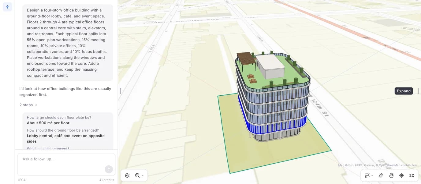 AIBIMTool workspace with the four storey office brief on the left and the generated office building on a Queens plot on the right