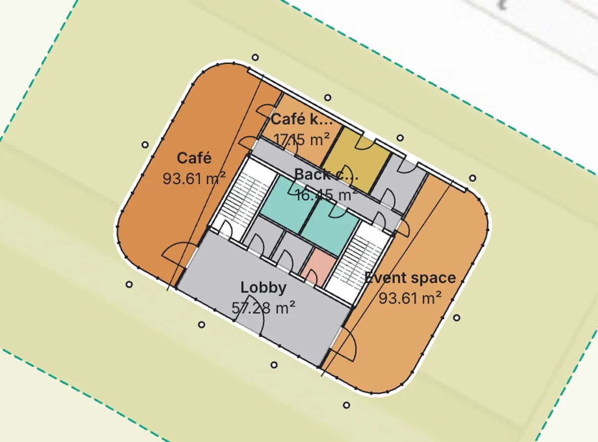 AIBIMTool 2D ground floor plan: café 93.61 square metres, event space 93.61, lobby 57.28, a café kitchen and back corridor around a core with two stairs and two lifts