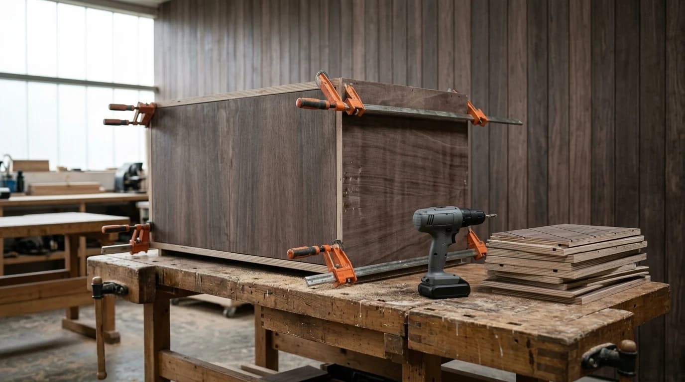 A cabinet maker's bench with a plywood carcass being assembled with clamps and a drill