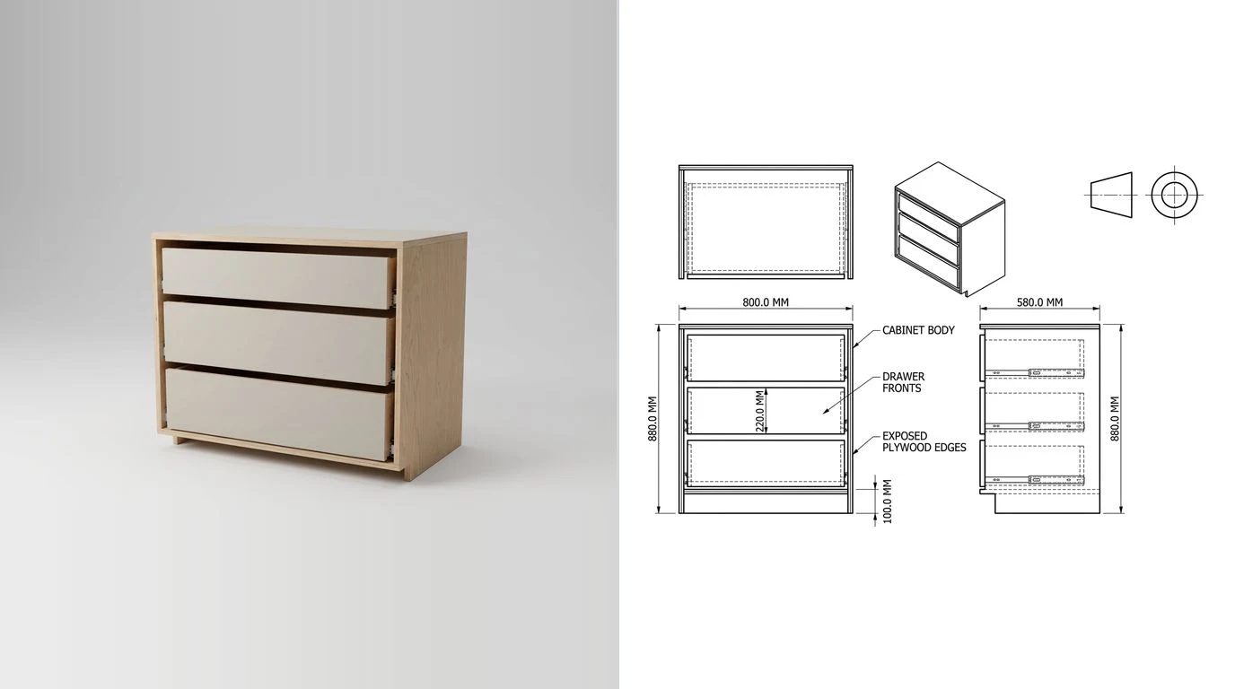 A photo of a three drawer kitchen base cabinet on the left and its dimensioned technical drawing on the right