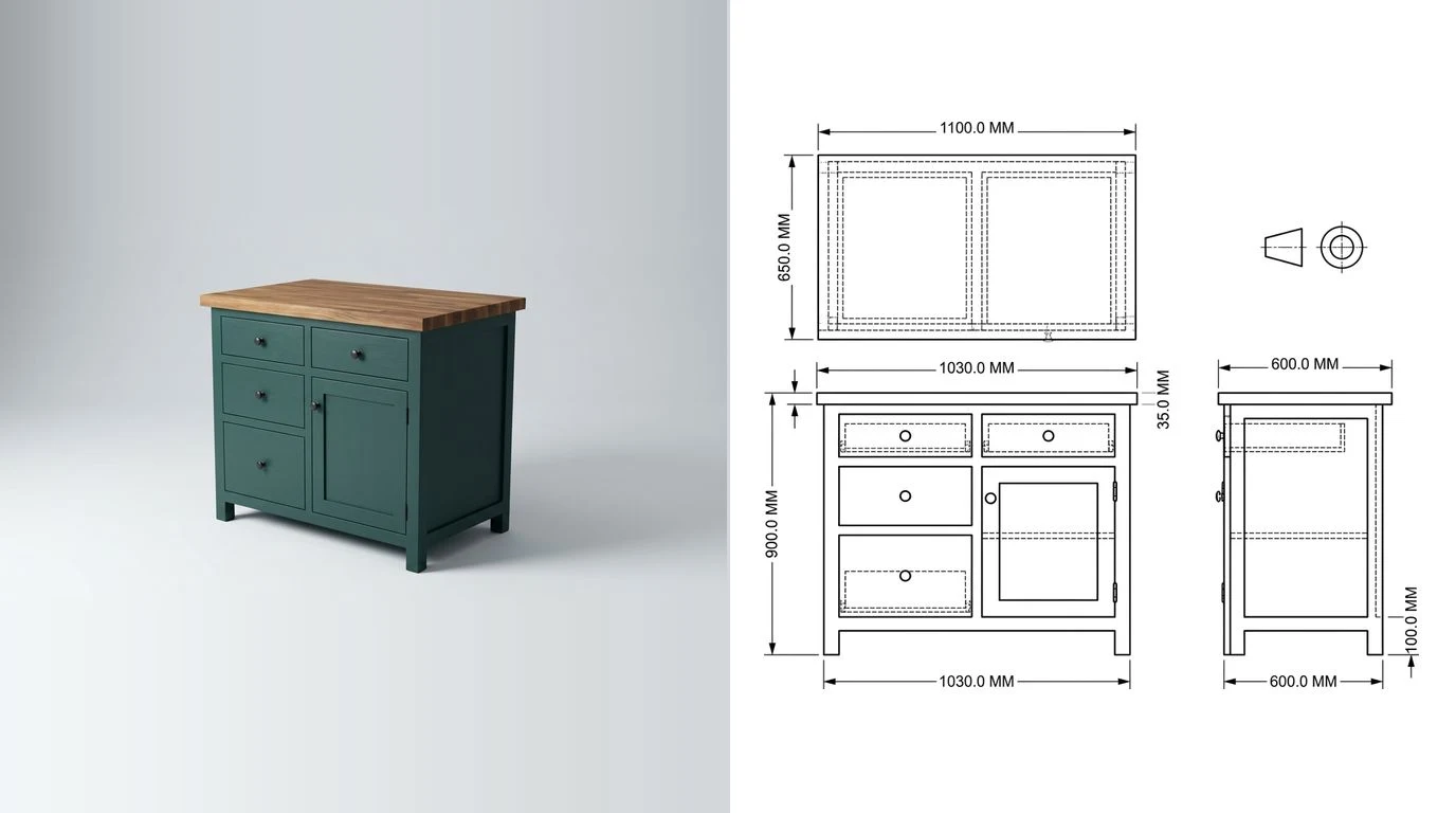 A photo of a freestanding kitchen island cabinet with drawers and a cupboard door on the left and its dimensioned technical drawing on the right