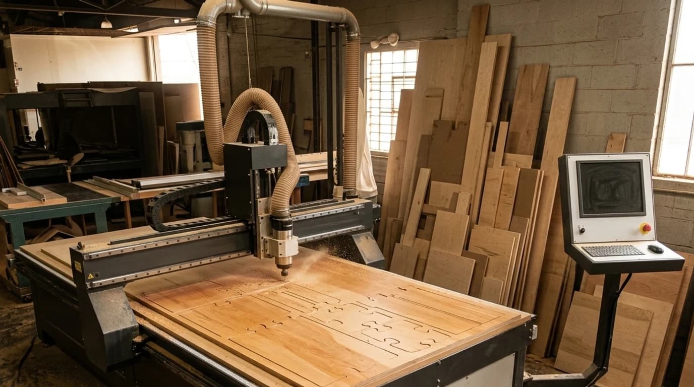 A small cabinet shop with a CNC router cutting parts from a full sheet of plywood