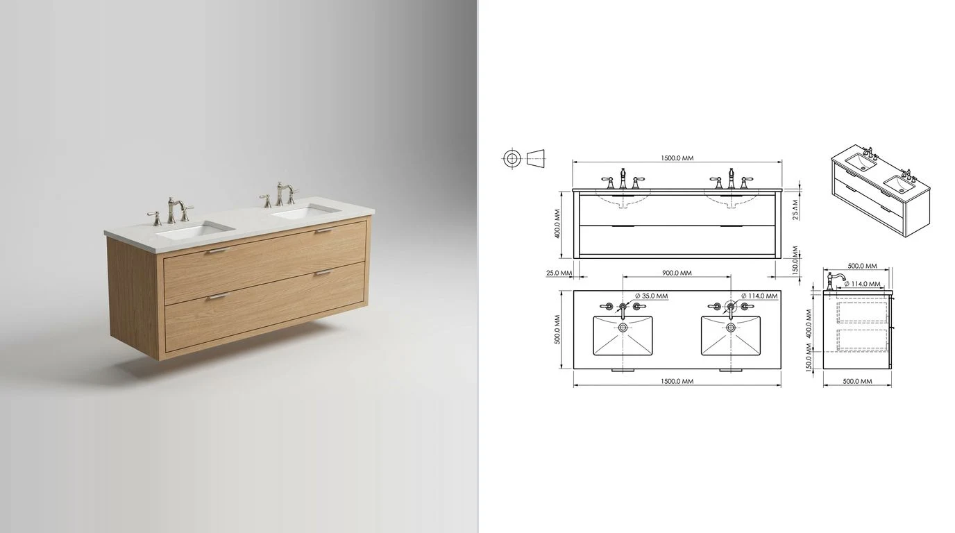 A photo of a wall hung bathroom vanity cabinet with two drawers on the left and its dimensioned technical drawing on the right