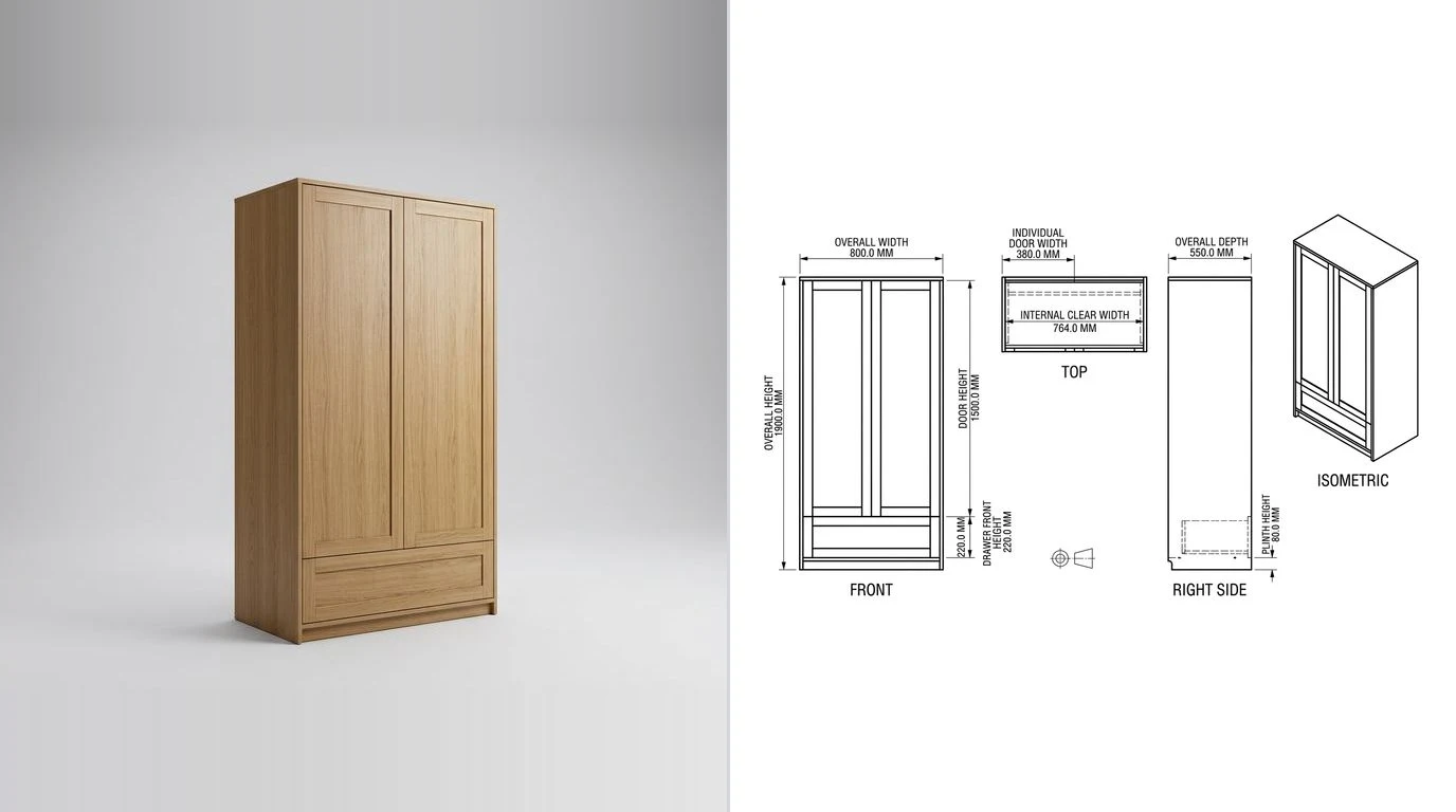 A photo of a tall two door wardrobe with a drawer on the left and its dimensioned technical drawing on the right