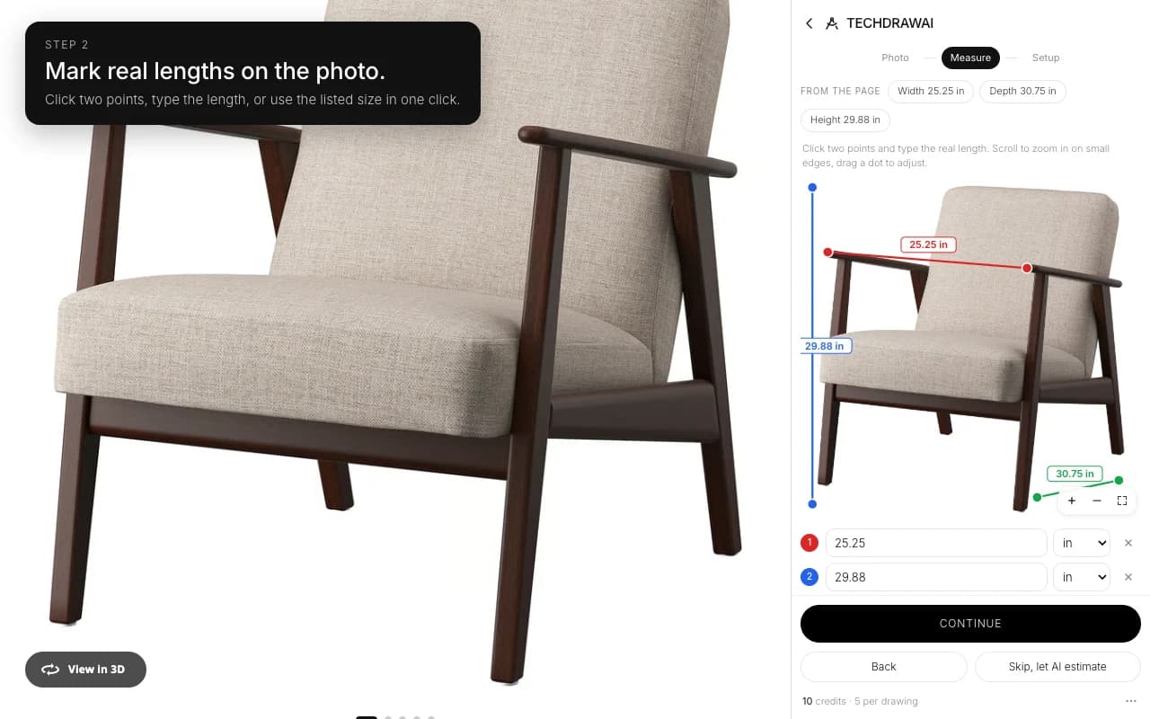 The measure step: three coloured lines drawn across an armchair photo, each labelled with its length in inches