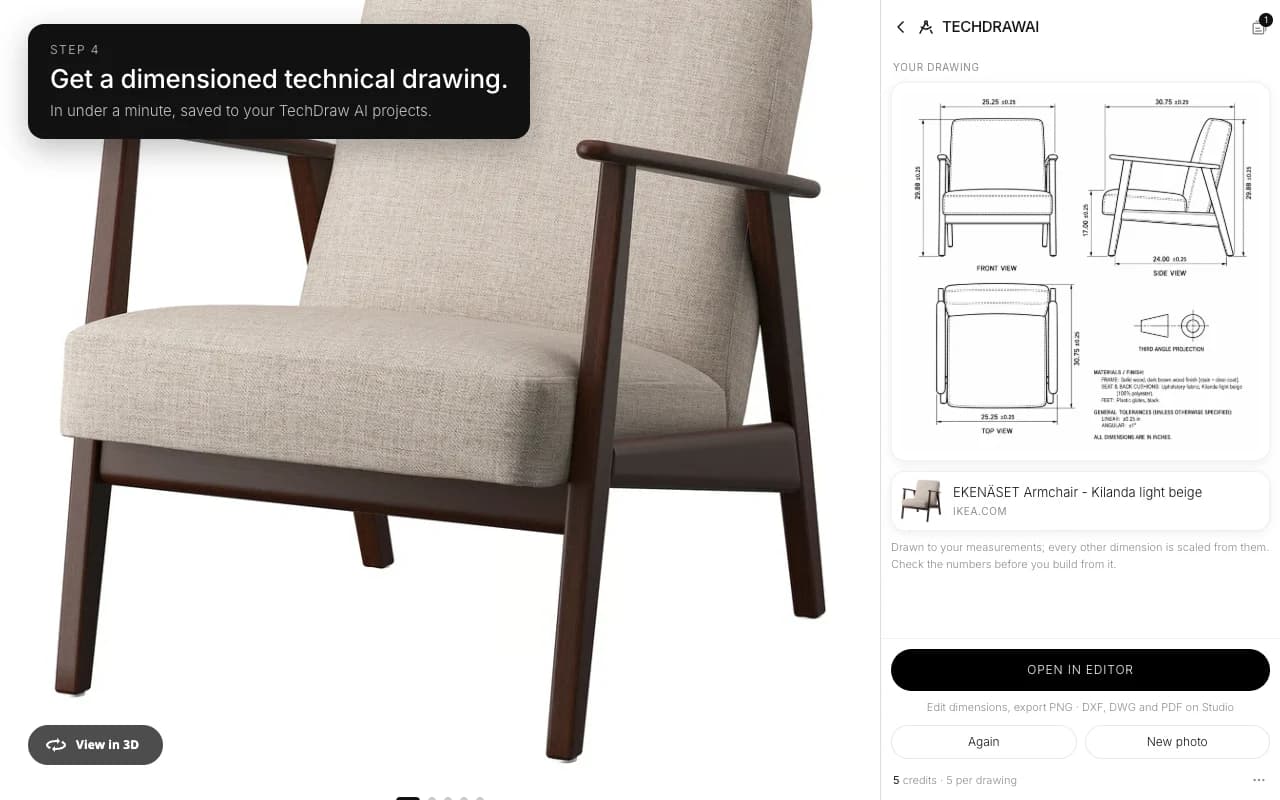 The finished drawing in the side panel: front, side and top views of the armchair with dimensions in inches and a third angle projection symbol