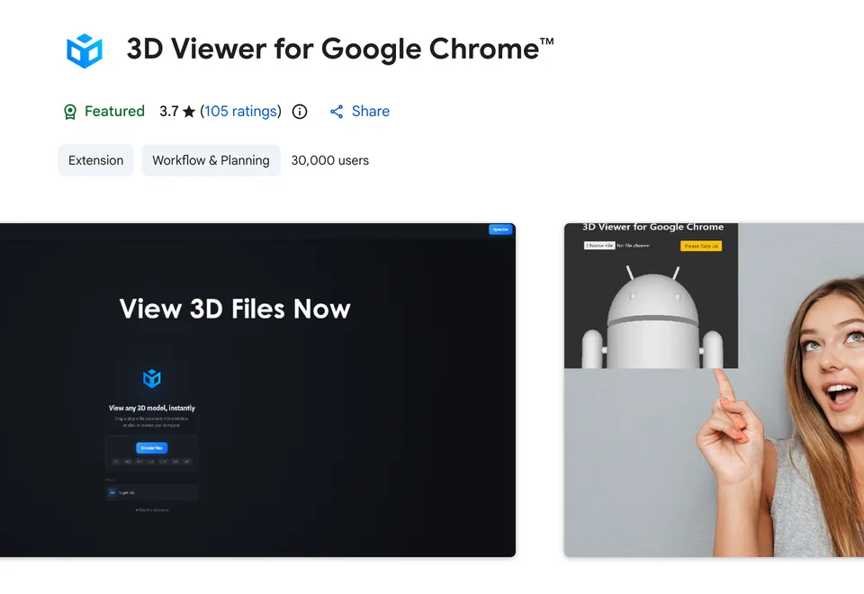 3D Viewer for Google Chrome in the Chrome Web Store, captured 16 October 2026