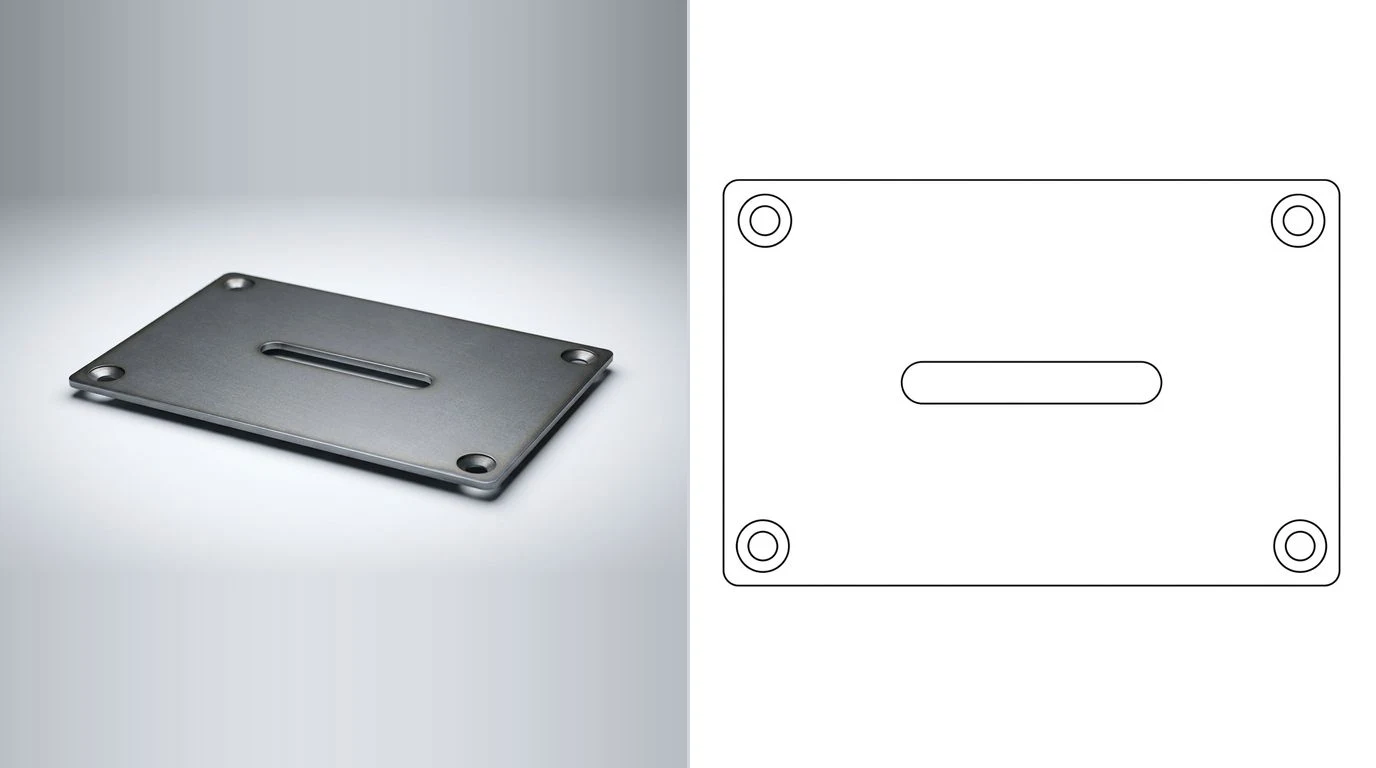 A photo of a flat laser cut steel plate with a slot on the left and its closed cutting outline on the right