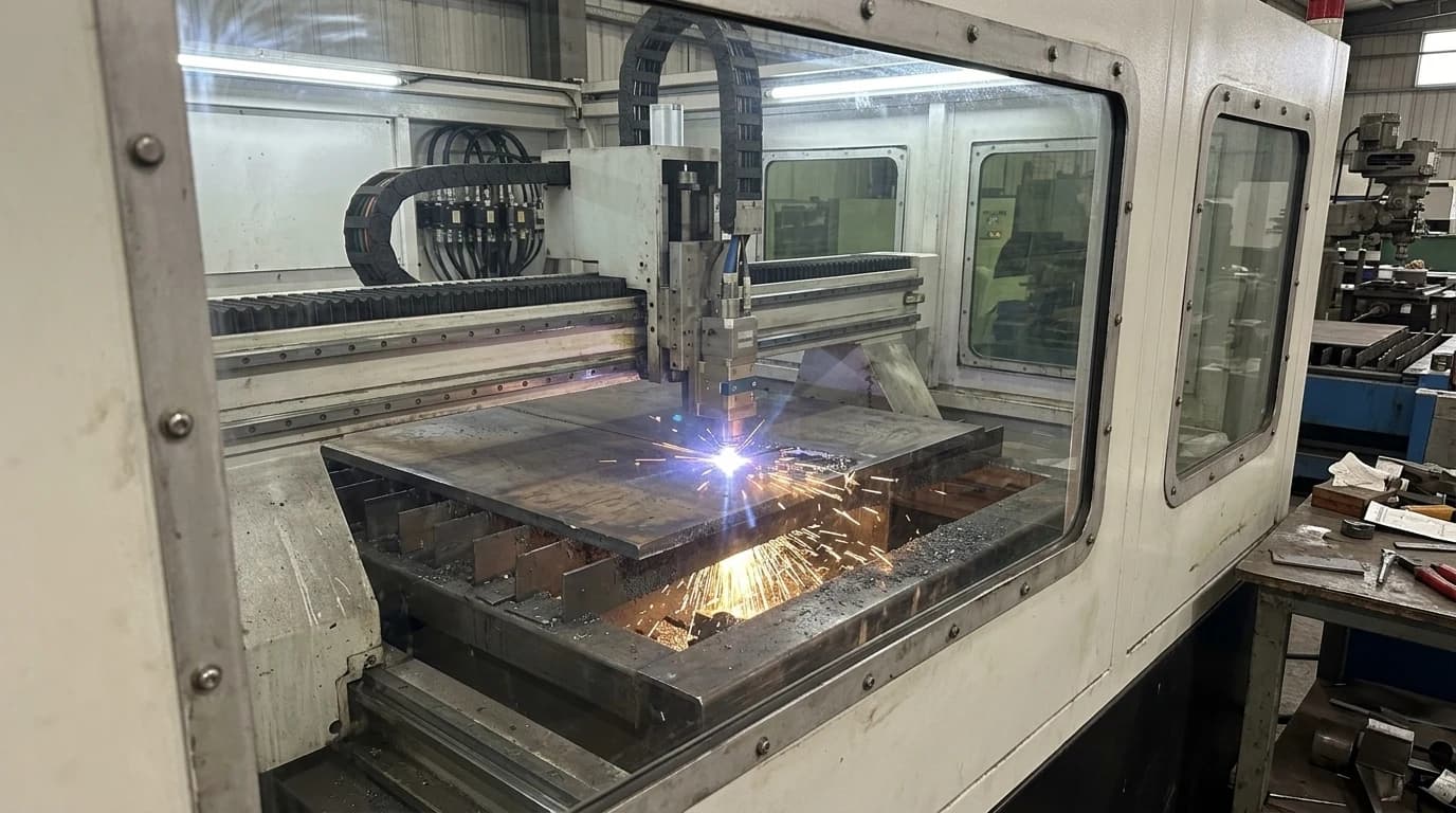 An industrial fibre laser cutting a steel sheet with sparks under the head