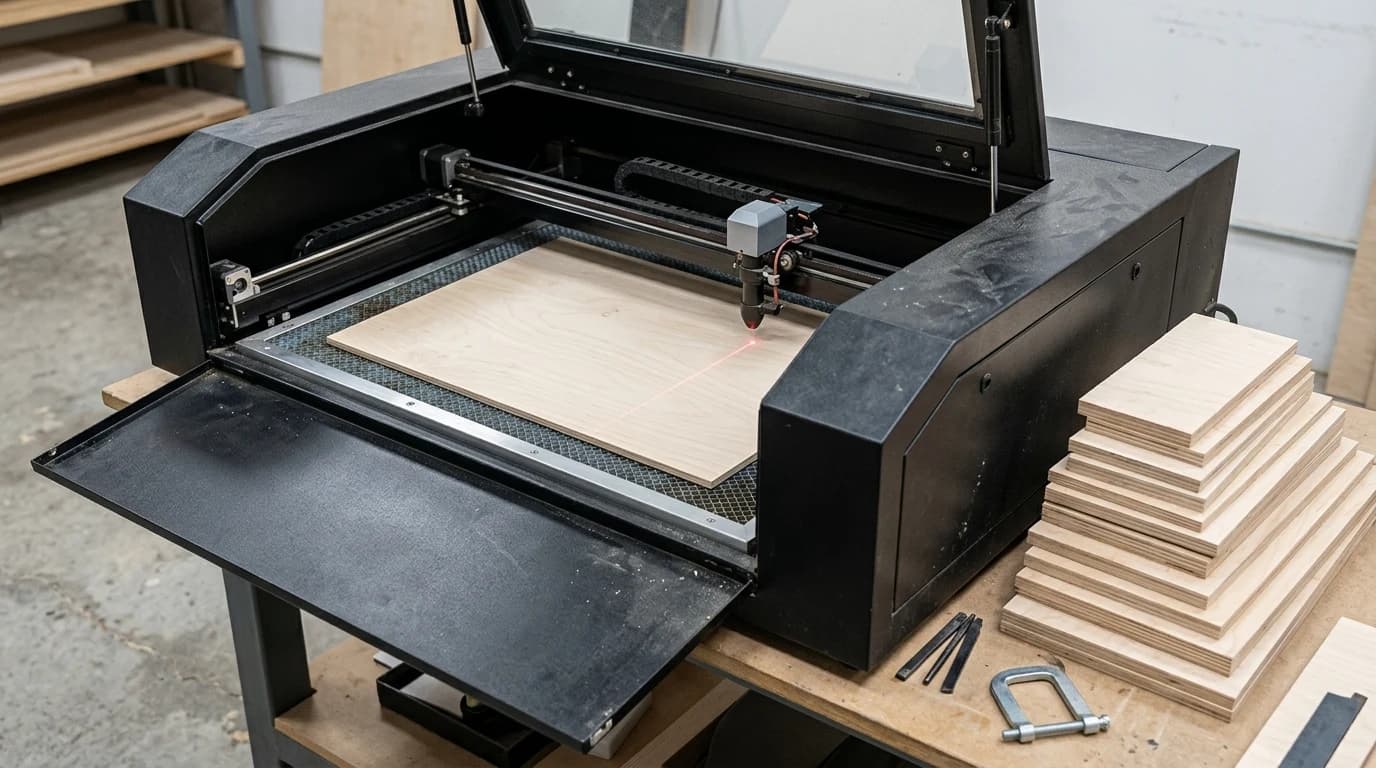 A laser cutter with an open lid, a blank sheet of plywood on the honeycomb bed and plywood offcuts stacked beside it