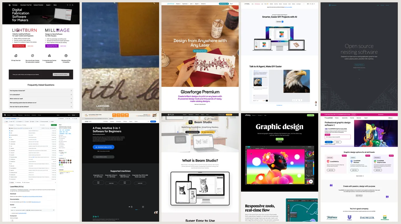A grid of ten laser software homepages: LightBurn, LaserGRBL, Glowforge, xTool, Deepnest, LaserWeb, Snapmaker, FLUX, Affinity and CorelDRAW