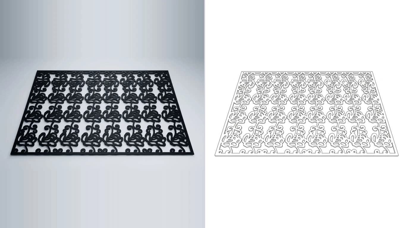 A photo of a laser cut acrylic panel with a repeating pattern on the left and its flat cutting path on the right