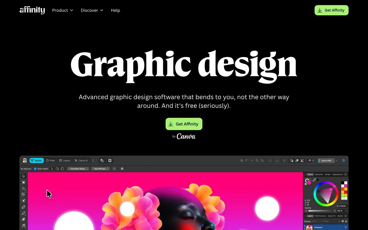 The Affinity Designer product page, a one-off purchase vector design program