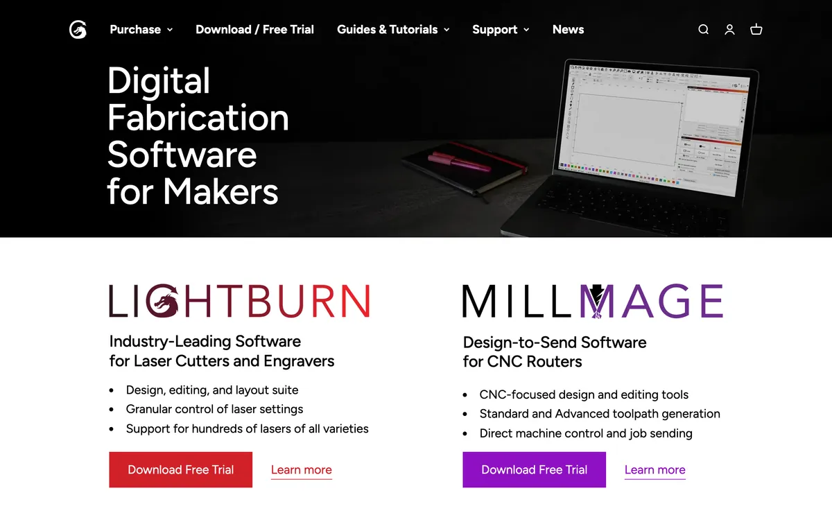 The LightBurn homepage, showing the licence terms: a 30 day free trial, buy once and own forever, three computers per licence