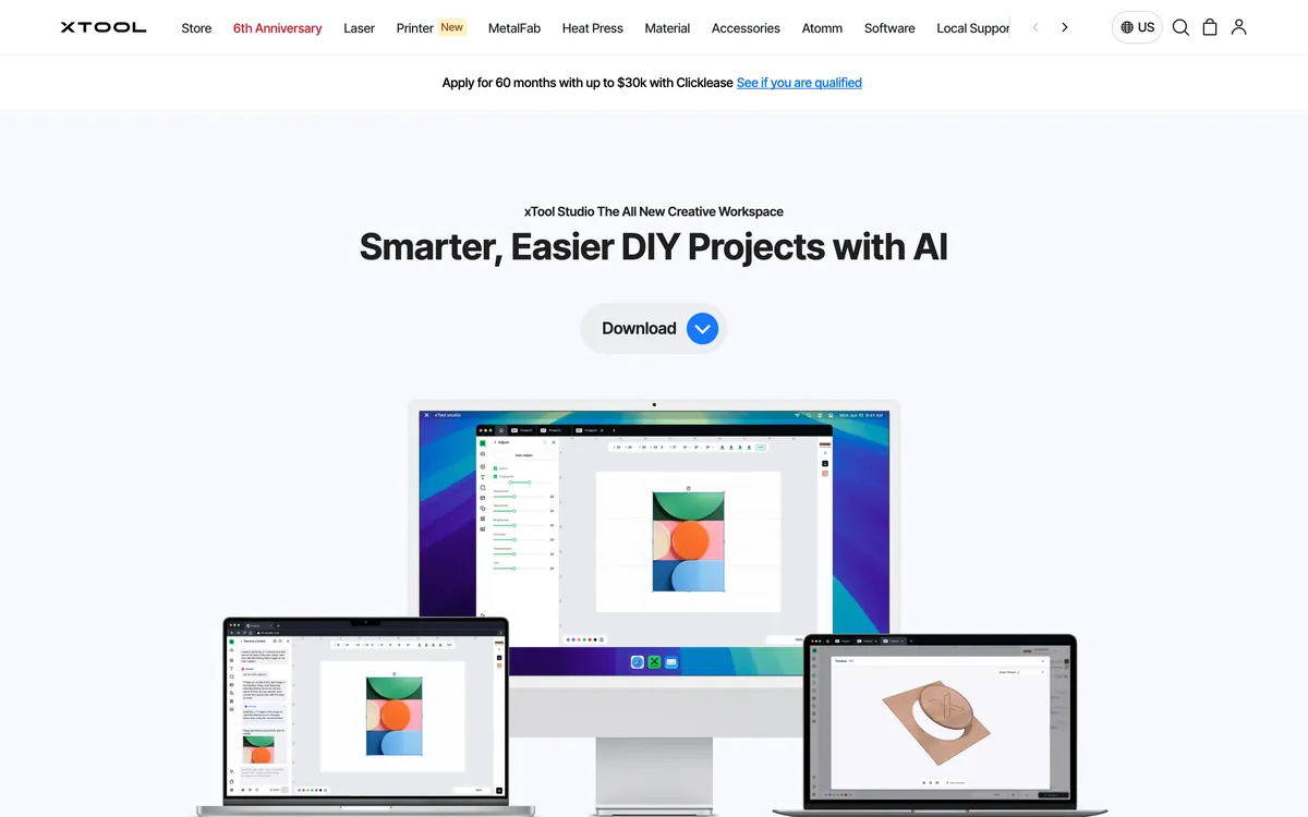 The xTool software page, headlined xTool Studio, the all new creative workspace