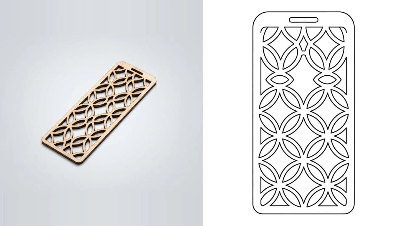 A photo of a laser cut plywood sign on the left and its flat closed cutting path on the right
