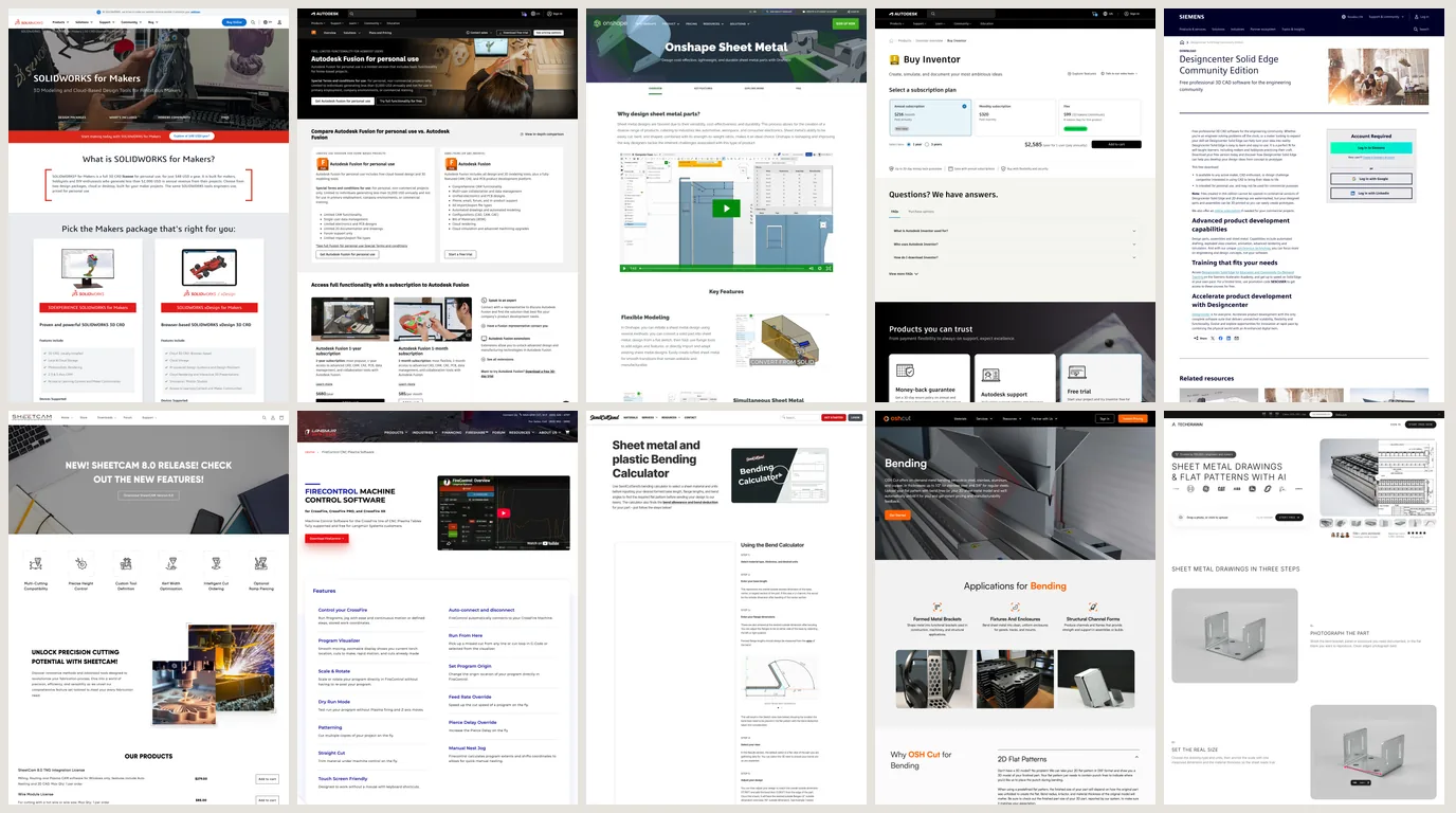 A grid of ten sheet metal software pages: SOLIDWORKS for Makers, Autodesk Fusion, Onshape, Inventor, Solid Edge, SheetCAM, Langmuir FireControl, SendCutSend, OSH Cut and TechDraw AI