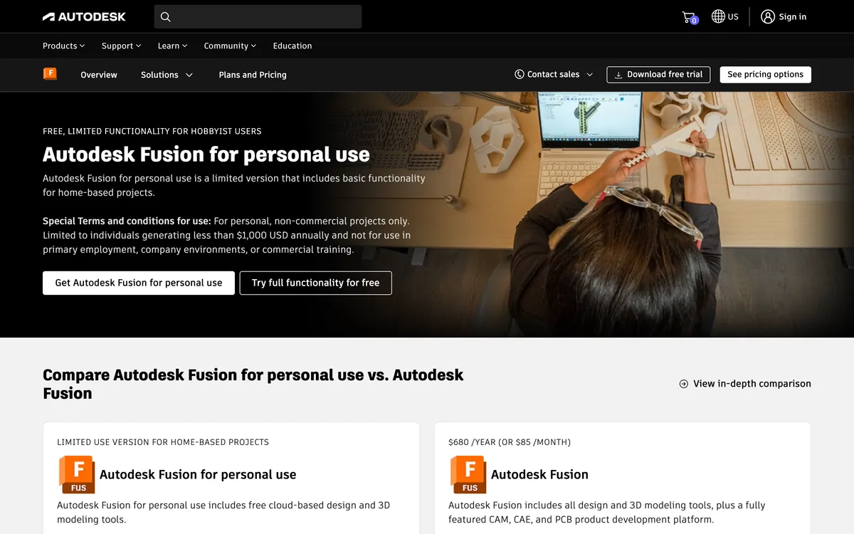 The Autodesk Fusion for personal use page, with the special terms: personal non-commercial projects only, under 1,000 dollars a year, and the paid plan at 680 dollars a year