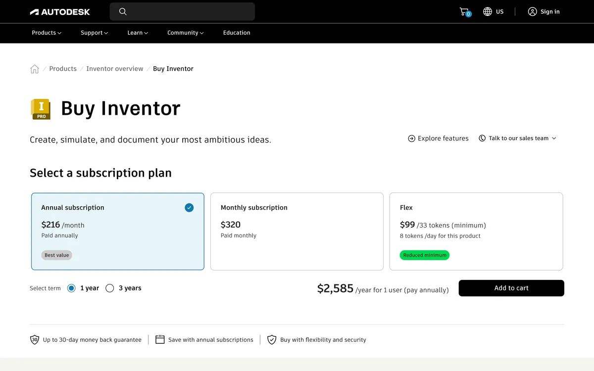 The Autodesk Inventor buy page: annual subscription at 216 dollars a month paid annually, 2,585 dollars a year, monthly at 320 dollars