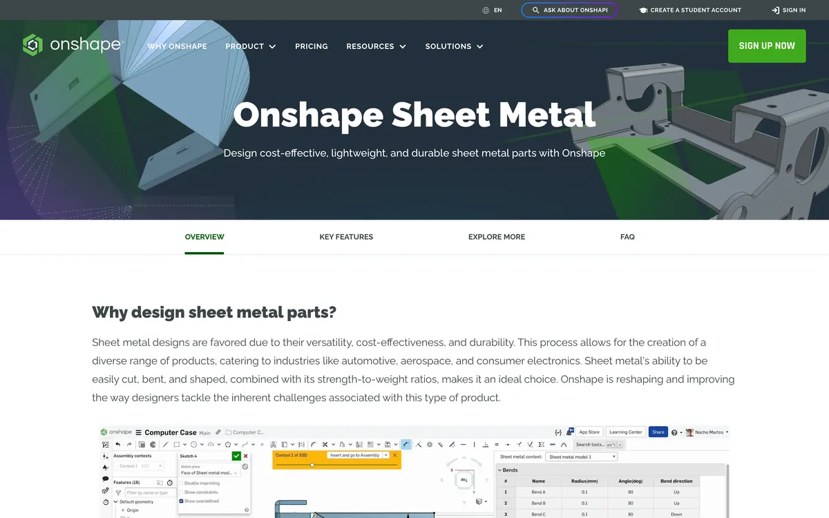 The Onshape sheet metal feature page, with a screenshot of the sheet metal table listing each bend's radius, angle and direction